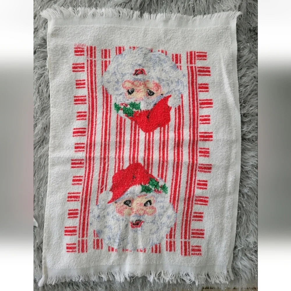 Vintage R.A. Briggs Christmas Bath Hand Towels Set 3 Santa Face Striped Fringe
